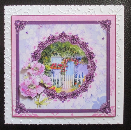 8x8 Rose Cottage card topper with decoupage by Davina Rundle