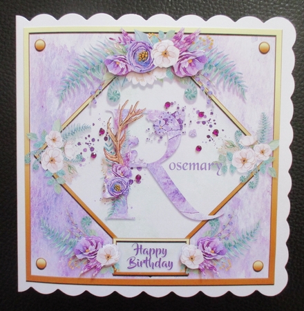 Metallic Gold & Mauve Boho Style Floral Alphabet Card Topper - R by Davina Rundle