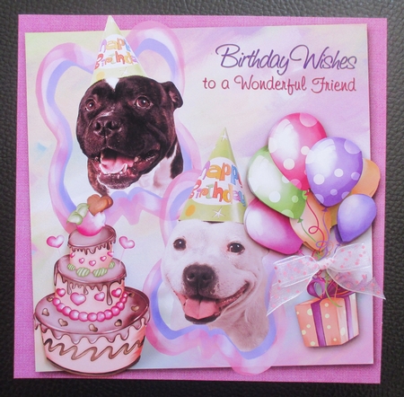 White Staffie & brindle Staffie 8x8 Birthday Card front Friend by Davina Rundle