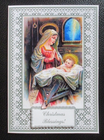 Victorian Style Nativity Scene On Lace 7 x 5 Card Topper With Decoupage & Sentiments by Davina Rundle