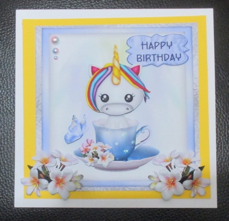 Uni in a Teacup - 6 inch card front with decoupage by Davina Rundle