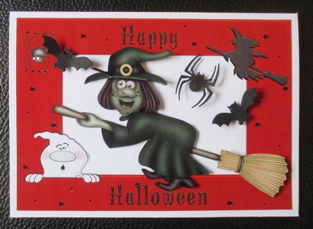 Grey witchy on a broomstick with pumpkins A5 by Davina Rundle