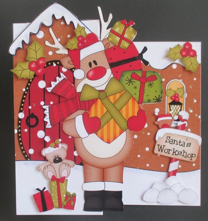 3D Shaped No-Hole Fold Back Christmas Card Mini Kit - Rudolph has Xmas Presents by Davina Rundle