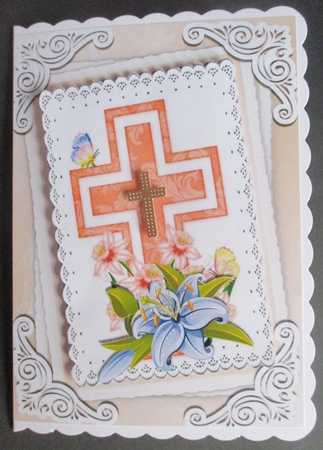 pretty peach cross with daffs and lilac lillies on lace A5 by Davina Rundle