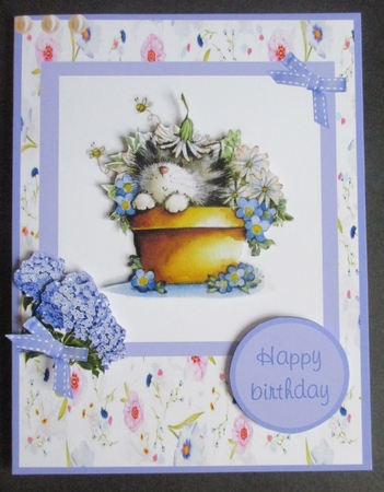 Birthday greeting card with cute cat and flowers by Davina Rundle