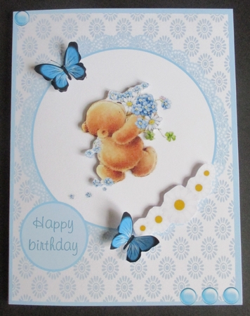 Happy Birthday greeting card with bear and flowers by Davina Rundle
