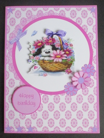 Birthday or Mothers day greeting card with cute dog and flowers by Davina Rundle