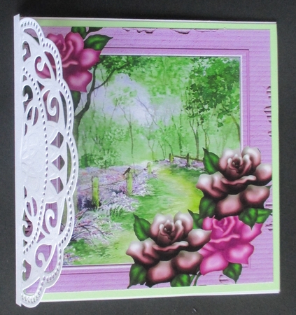 Lilac woodland in cardboard frame with pink roses 8x8 by Davina Rundle