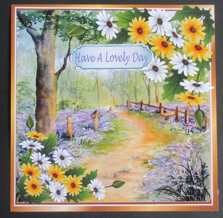 Pretty Corner Yellow/white daisies with bluebell woods 8x8 by Davina Rundle