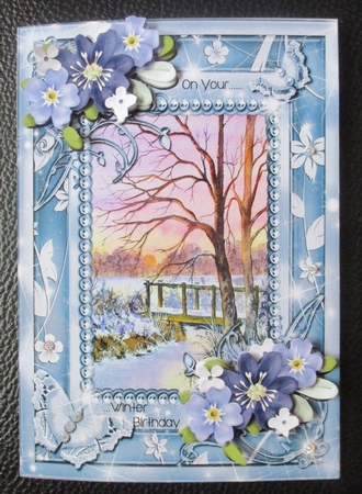 Winter Sunset Card front with floral decoupage by Davina Rundle