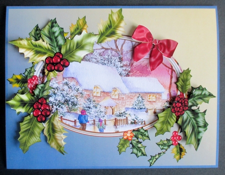 Christmas cottages card topper with Holly and bow  decoupage by Davina Rundle