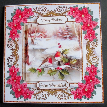 Christmas Robins Snow Scene Red Poinsettia Topper by Davina Rundle