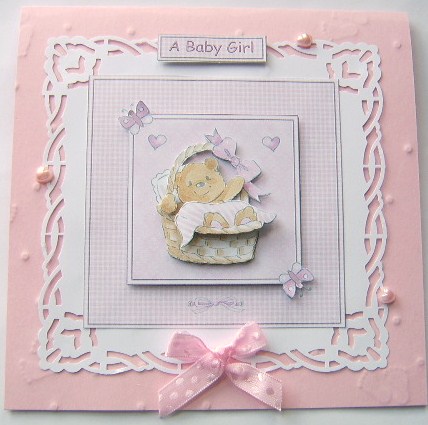 Baby Girl Bear 6x6 Square Card Front with Decoupage by Davina Rundle