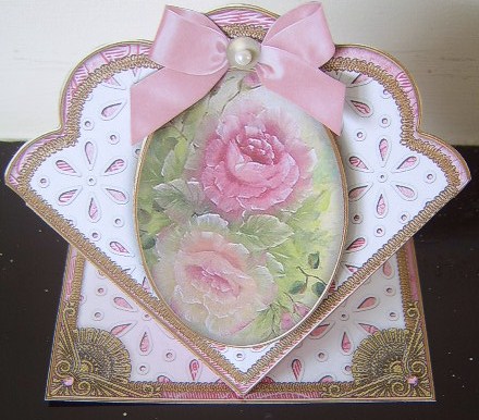 Painted Roses Anglaise Scallop Spring Decoupage Card by Davina Rundle
