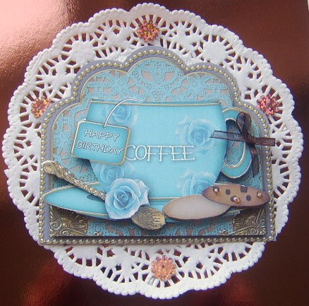 Birthday Coffee Turquoise Rose Cup 3D Decoupage Sheet by Davina Rundle