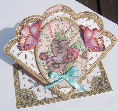 Colourful Pansies Butterfly Scallop Spring Decoupage Card by Davina Rundle