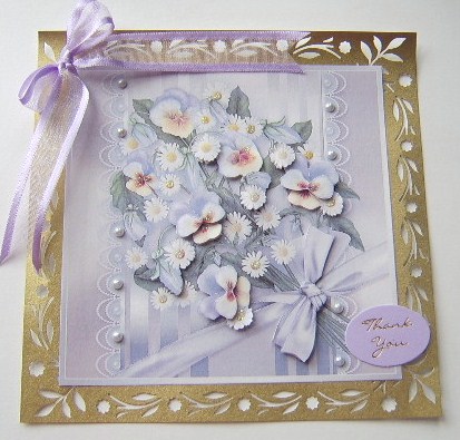 Metallic Lilac Pansies and Pearls 8in x 8in Decoupage by Davina Rundle