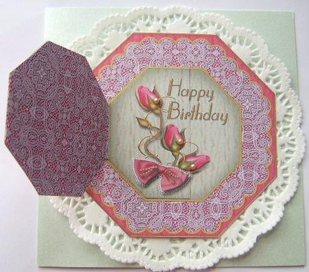 Pink Green Roses Birthday Octagon Lace Locket Card Front by Davina Rundle