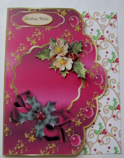 Christmas Golden Holly Scallop Card Bases in Cerise & White by Davina Rundle