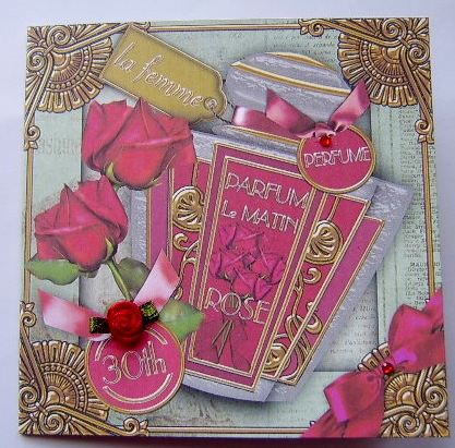 Rose Matin Perfume 30th Birthday 5in Cut and Fold Card by Davina Rundle
