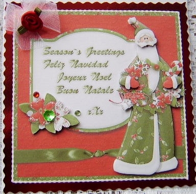 Santa with Wreath Multilingual Greetings Square Card Front by Davina Rundle