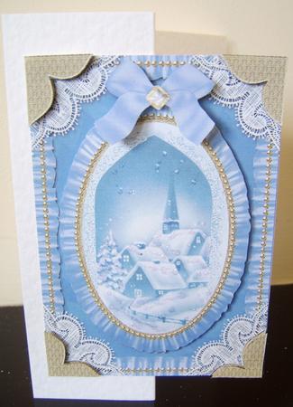 Blue Christmas Village Lace N Ruffles A5 Card Front by Davina Rundle