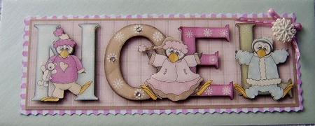 Dancing Penguins Noel Large Dl Word Card with Decoupage by Davina Rundle