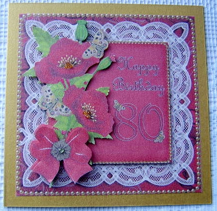 Red Poppy 80 Birthday Lace Decoupage Sheet by Davina Rundle