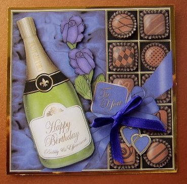 Birthday Champers Chocs N Roses Quick Card 3D Decoupage by Davina Rundle