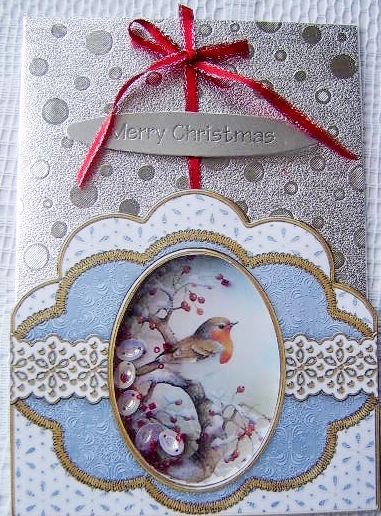 Red Robin Blue Flake Anglaise Scallop Card Base Frame by Davina Rundle