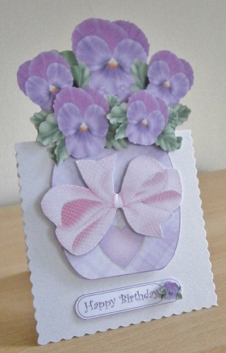 Purple Pansy Vase Shaped Card Front by Davina Rundle