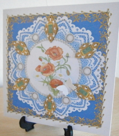 8 x 8 Poppies, Daisies, Pearls and Vintage Lace Card by Davina Rundle