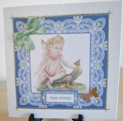 8 x 8 Vintage Butterfly Fairy and Lace on Blue Card by Davina Rundle