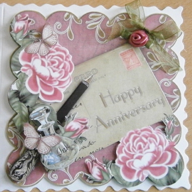Pink Roses Happy Anniversary Scallop Postcard Step by Step by Davina Rundle