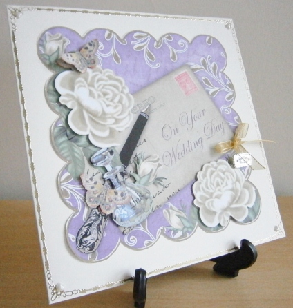 Cream Roses Purple on Your Wedding Day 8in Decoupage Topper by Davina Rundle