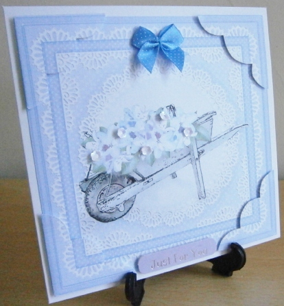 8 x 8 Flower Filled Wheelbarrow Scalloped Corner Topper by Davina Rundle