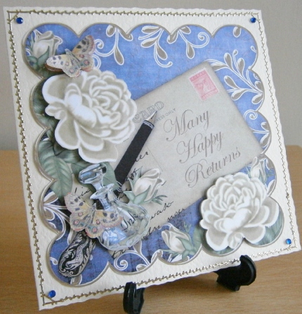 Cream Roses Dblue Happy Returns 8in Scallop Decoupage Topper by Davina Rundle