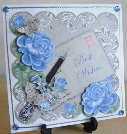 Blue Roses Natural Best Wishes Scallop 8in Decoupage Topper by Davina Rundle