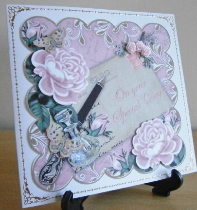 Pink Roses Special Day Scallop 8in Decoupage Topper by Davina Rundle