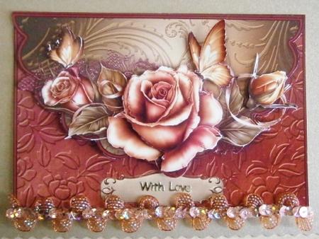 Copper Roses and Butterflies Envelope Card with Decoupage by Davina Rundle