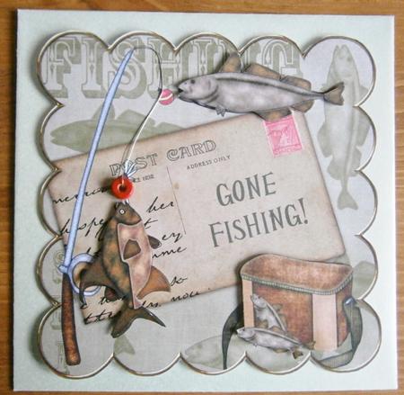 Olive Gone Fishing 8in Decoupage Topper by Davina Rundle