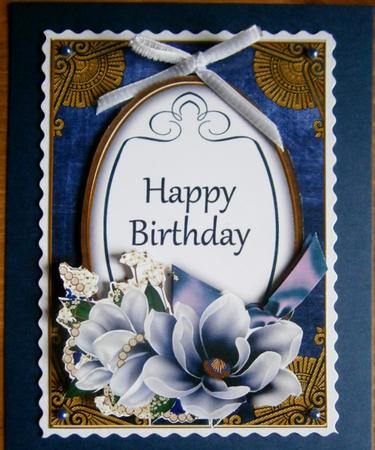 Dark Blue Magnolia Happy Birthday Oval 7x5in Step by Step by Davina Rundle