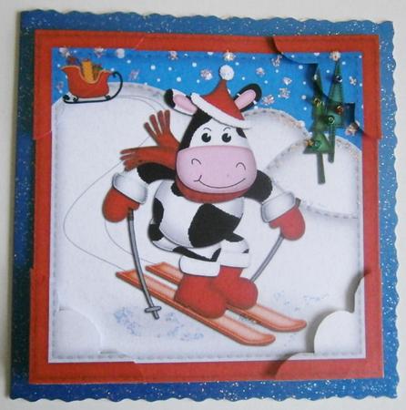 8 x 8 Xmas Skiing Milly Moo Cow Scalloped Corner Topper by Davina Rundle