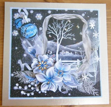 Winter Flowers & Night Snow Scene on Black 8x8 Inch by Davina Rundle