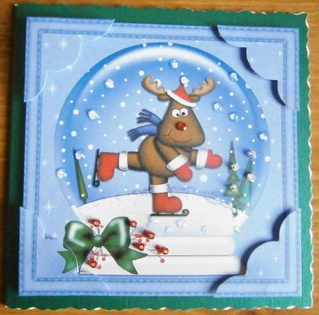 8 x 8 Xmas Skating Rudolph Snowglobe Scalloped Corner by Davina Rundle