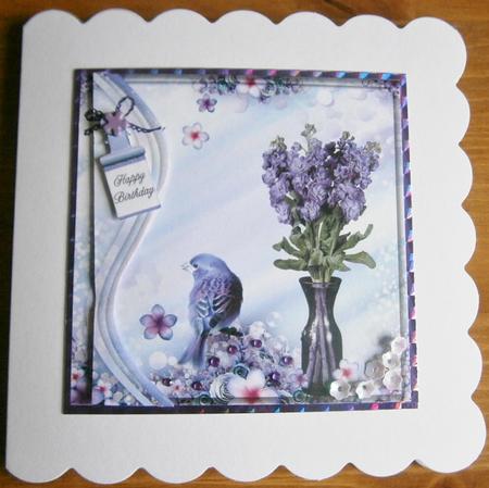 Swirl Border Purple Flowers & Bird 8x8inch Topper by Davina Rundle