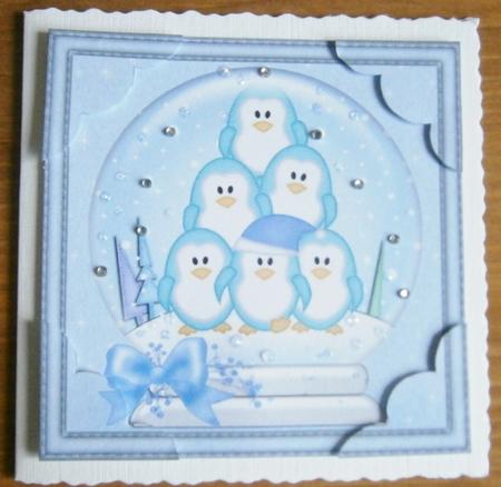 8 x 8 Xmas Penguins Snowglobe Scalloped Corner by Davina Rundle