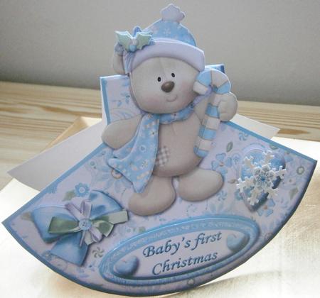 Baby's First Christmas Over the Edge Wobble Card Teddy Blue by Davina Rundle