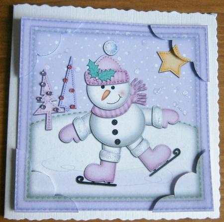 8 x 8 Xmas Skating Snowman Scalloped Corner Topper by Davina Rundle
