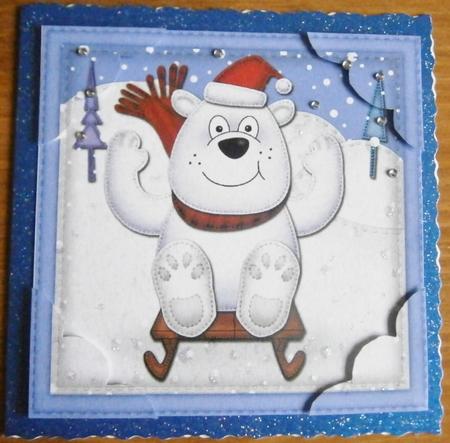 8 x 8 Xmas Sledging Polar Bear Scalloped Corner Topper by Davina Rundle